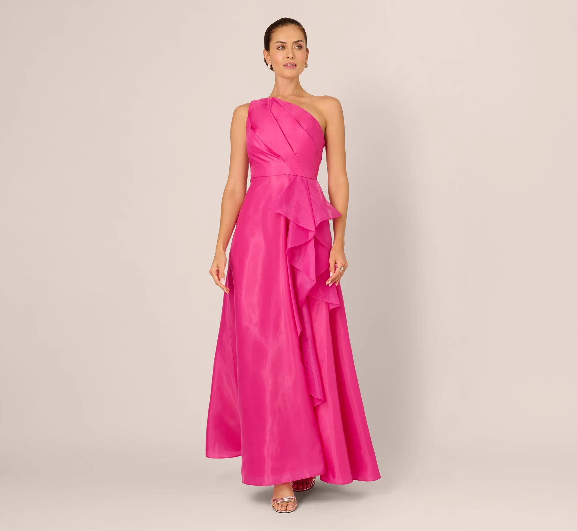 One Shoulder Tulle Cascade Gown In Lipstick sold by Adrianna Papell product image thumbnail 2