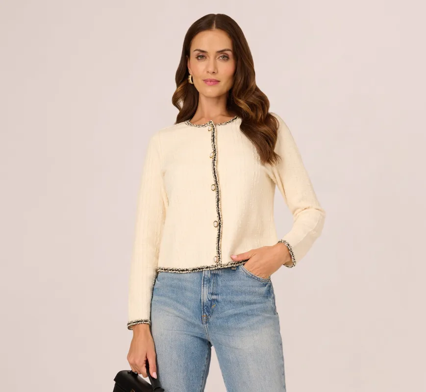 Fringe Trim Boucle Tweed Cardigan Jacket In Ivory Black made by Adrianna Papell