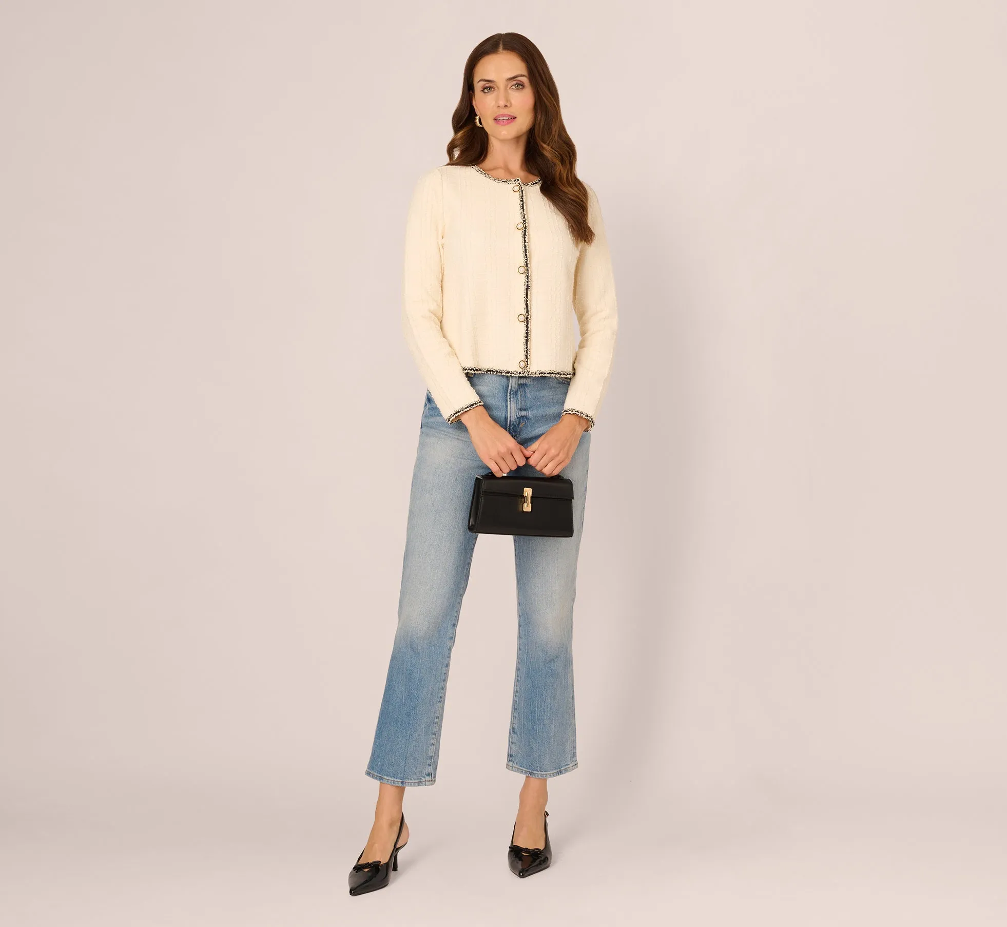 Fringe Trim Boucle Tweed Cardigan Jacket In Ivory Black sold by Adrianna Papell product image thumbnail 2