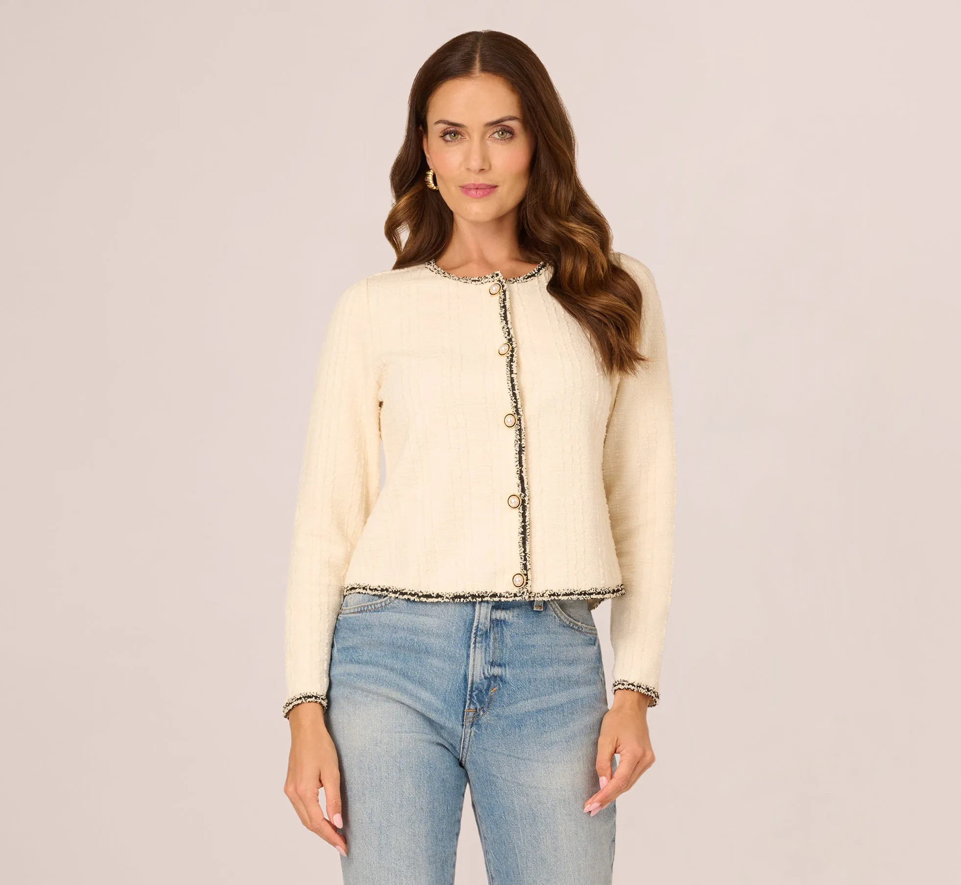 Fringe Trim Boucle Tweed Cardigan Jacket In Ivory Black sold by Adrianna Papell product image thumbnail 3