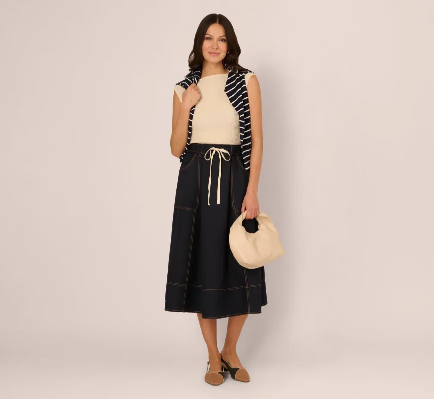 Contrast Stitching Drawstring Midi Skirt In Navy Khaki sold by Adrianna Papell