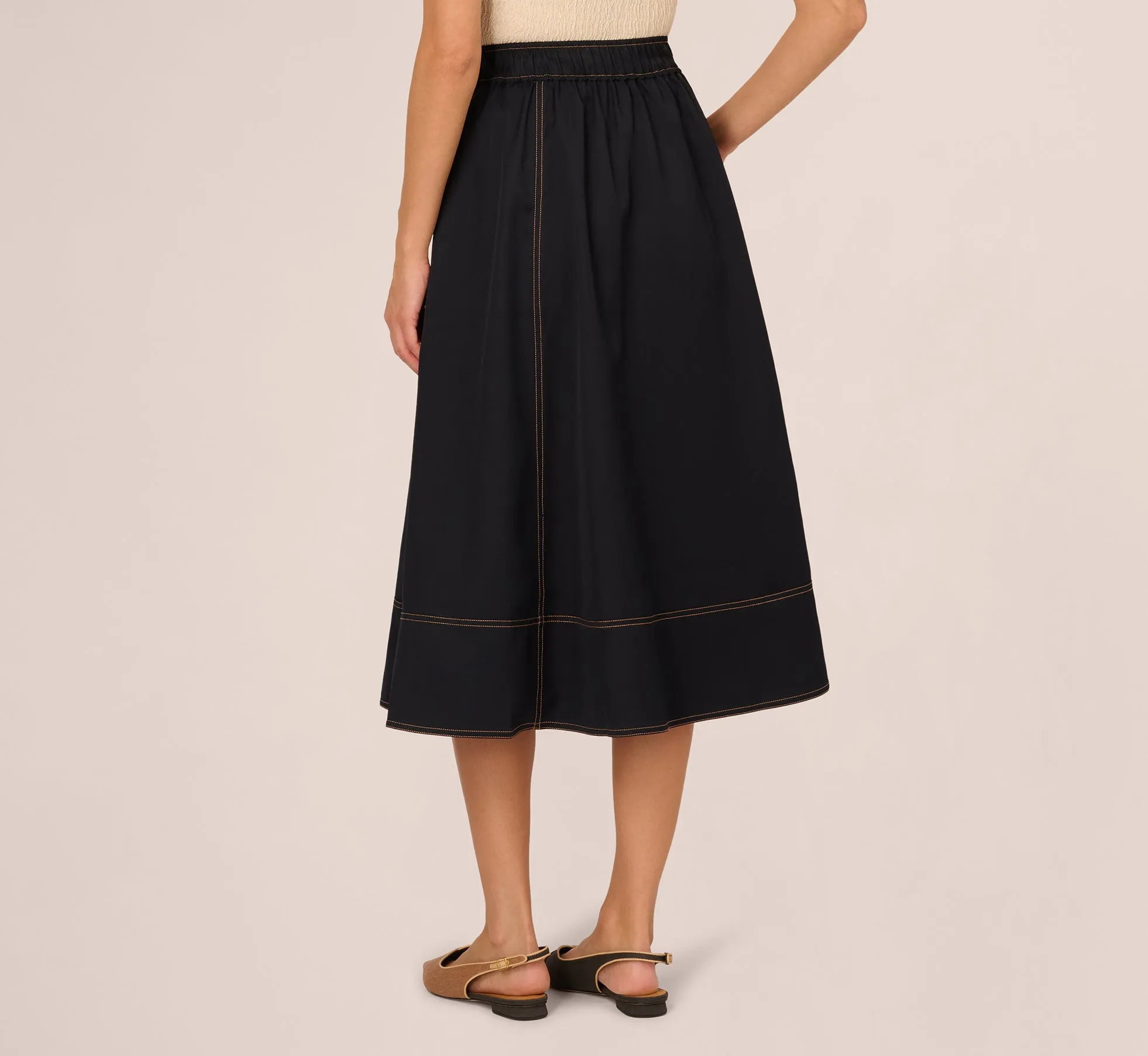 Contrast Stitching Drawstring Midi Skirt In Navy Khaki sold by Adrianna Papell product image thumbnail 5