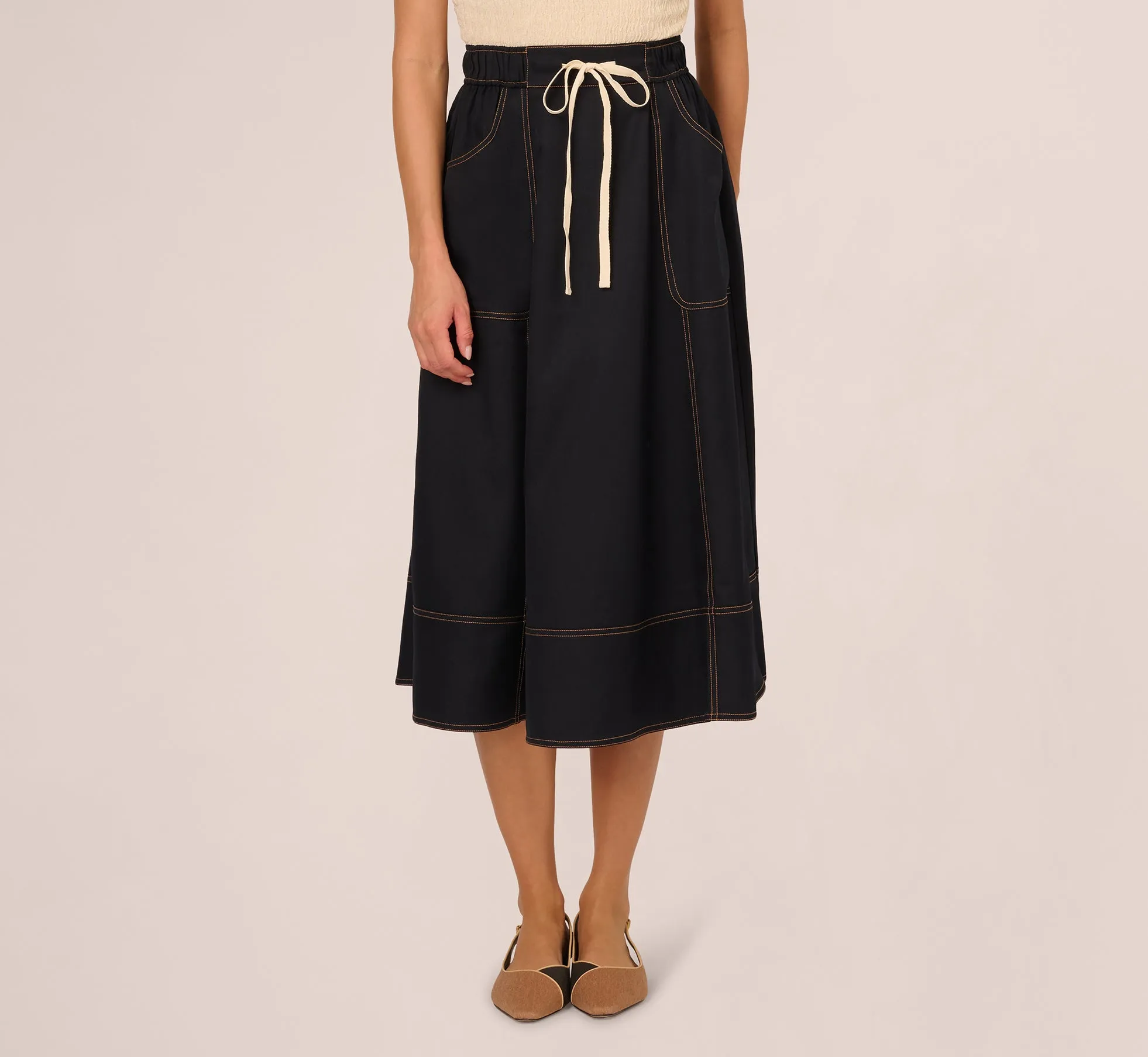 Contrast Stitching Drawstring Midi Skirt In Navy Khaki sold by Adrianna Papell product image thumbnail 2