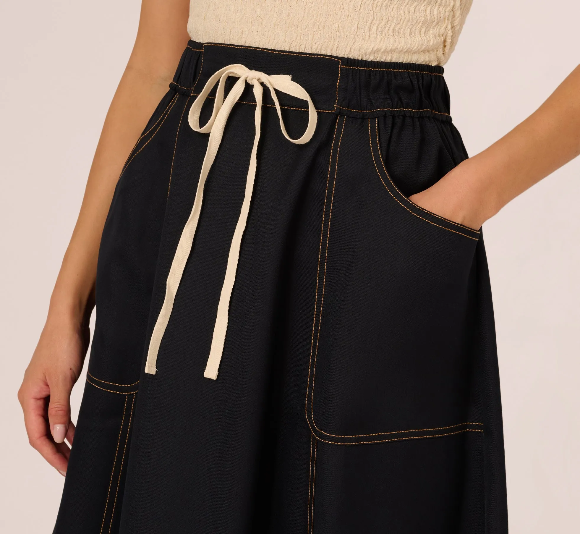 Contrast Stitching Drawstring Midi Skirt In Navy Khaki sold by Adrianna Papell product image thumbnail 3