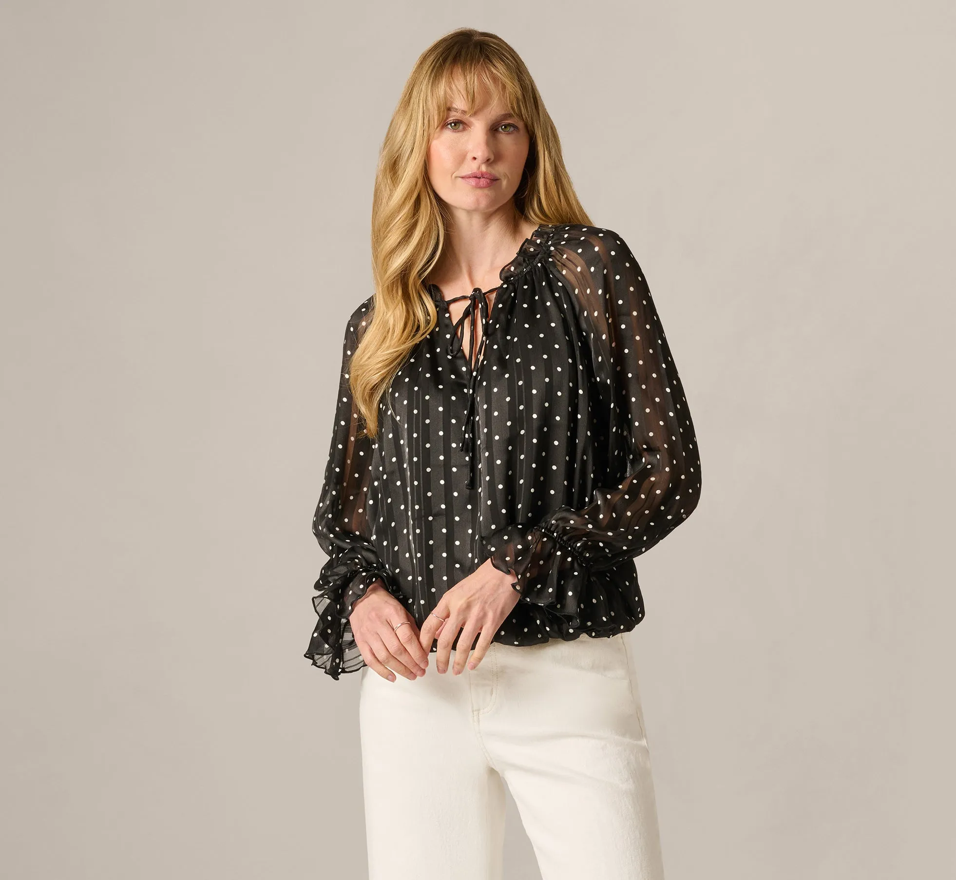 Long Sleeve Chiffon Ruffle Blouse In Black Cream Dot sold by Adrianna Papell product image thumbnail 3