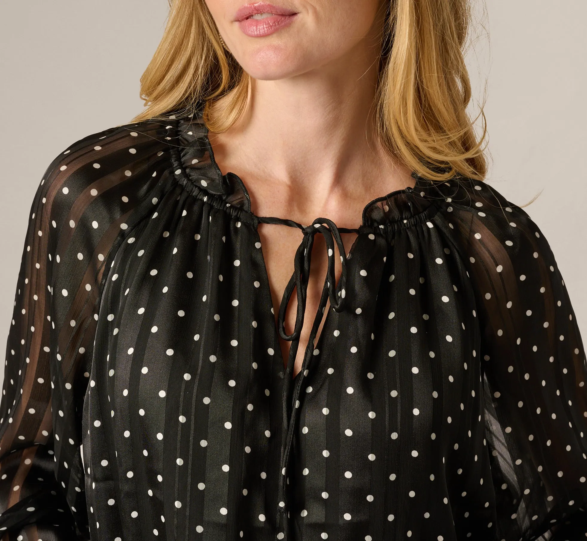 Long Sleeve Chiffon Ruffle Blouse In Black Cream Dot sold by Adrianna Papell product image thumbnail 4