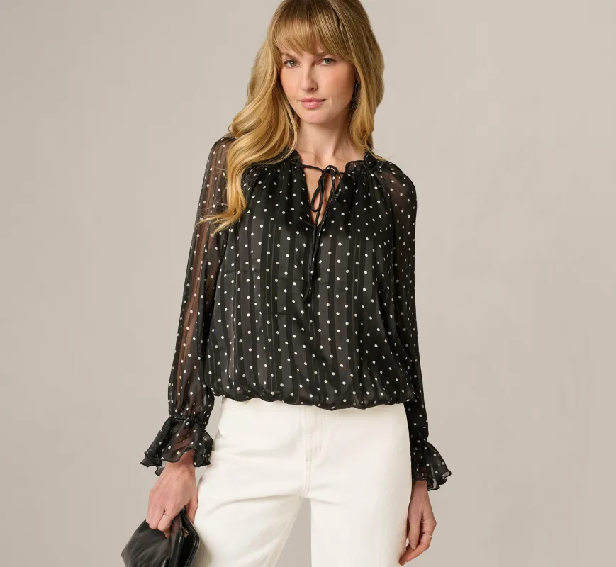 Long Sleeve Chiffon Ruffle Blouse In Black Cream Dot sold by Adrianna Papell