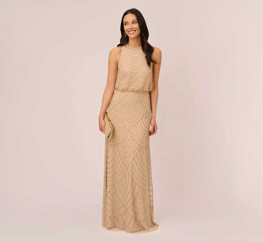Art Deco Beaded Blouson Dress With Halter Neckline In Champagne Gold sold by Adrianna Papell