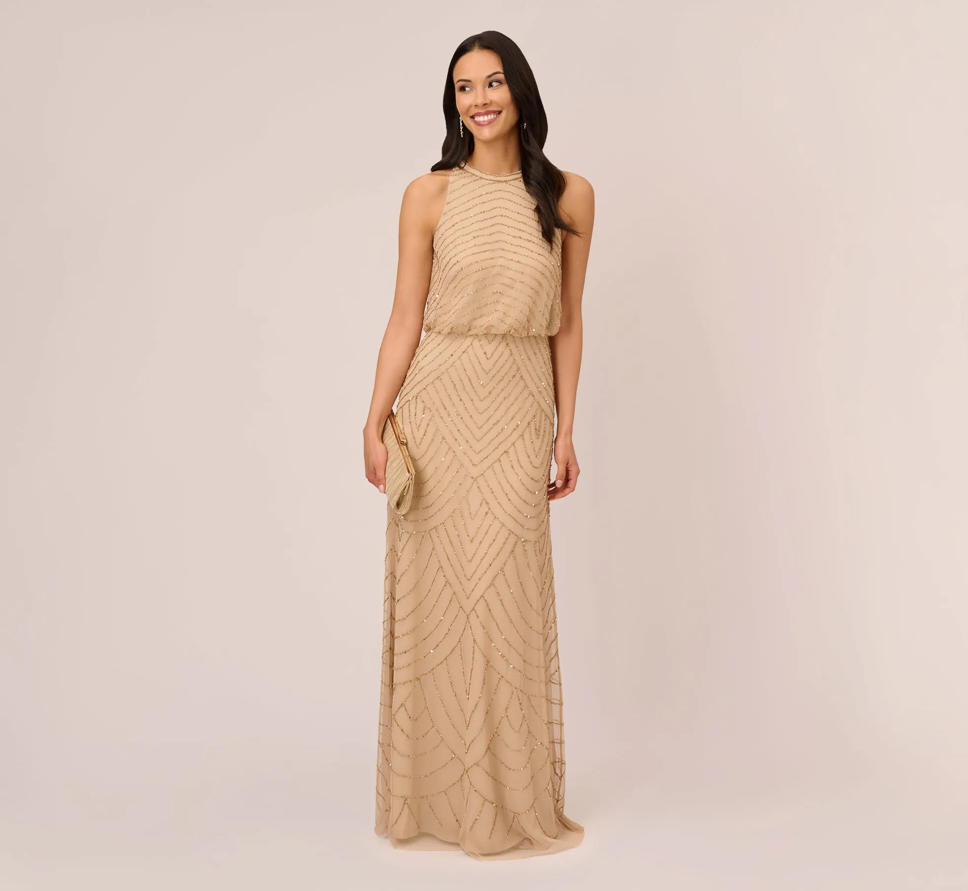 Art Deco Beaded Blouson Dress With Halter Neckline In Champagne Gold sold by Adrianna Papell