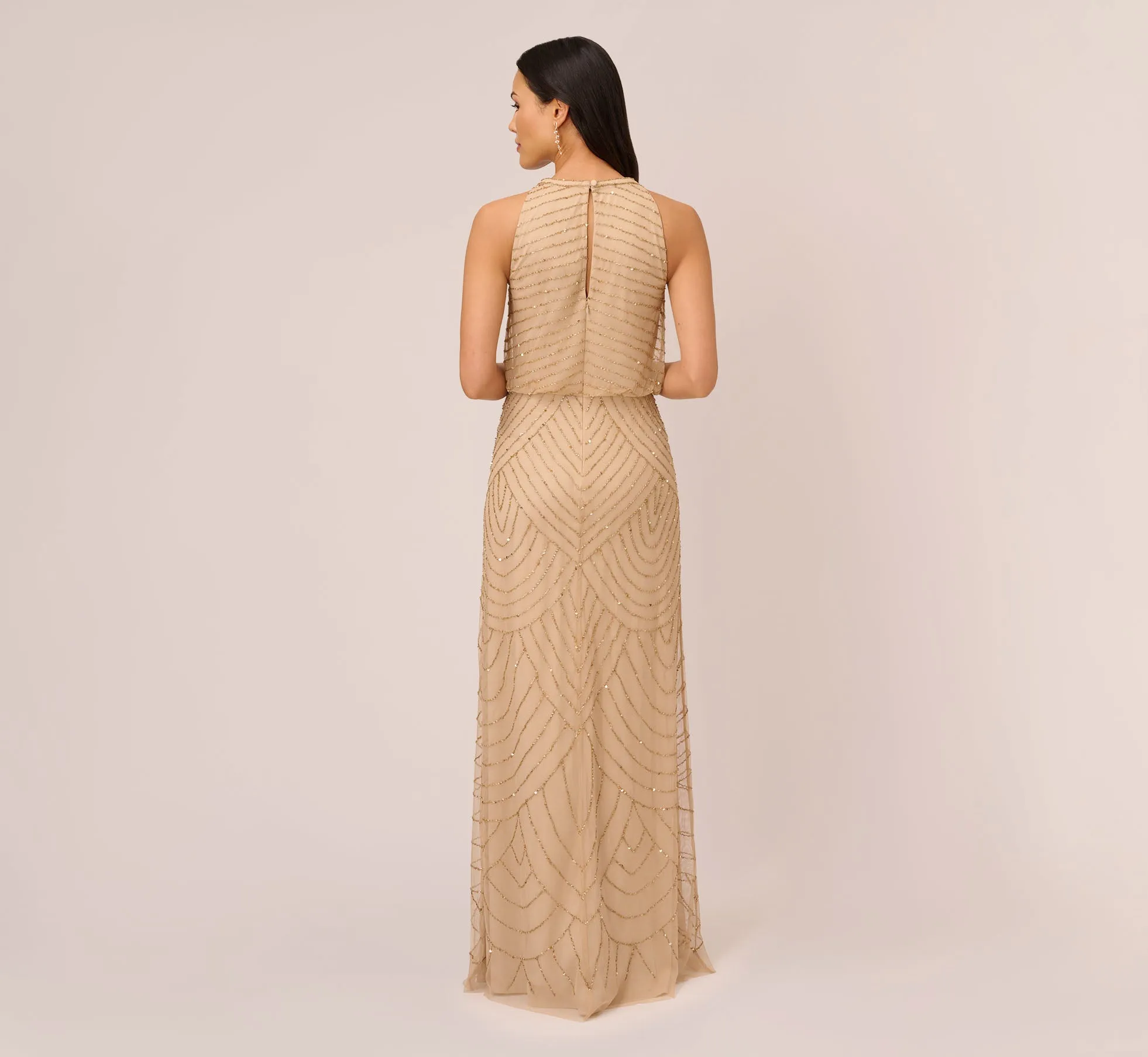 Art Deco Beaded Blouson Dress With Halter Neckline In Champagne Gold sold by Adrianna Papell product image thumbnail 5