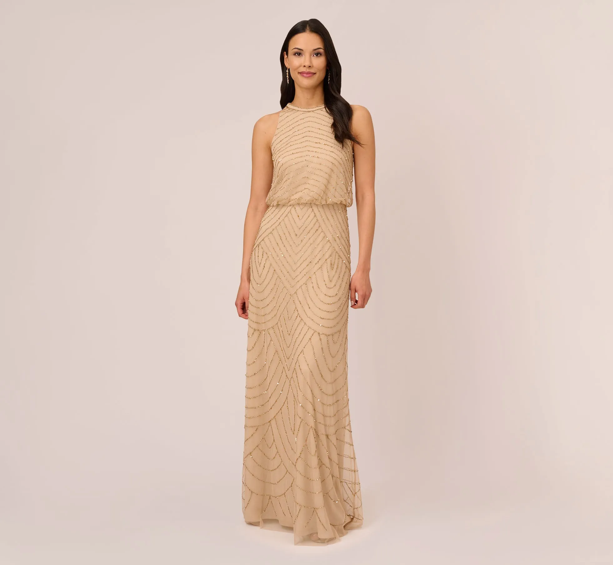 Art Deco Beaded Blouson Dress With Halter Neckline In Champagne Gold sold by Adrianna Papell product image thumbnail 2