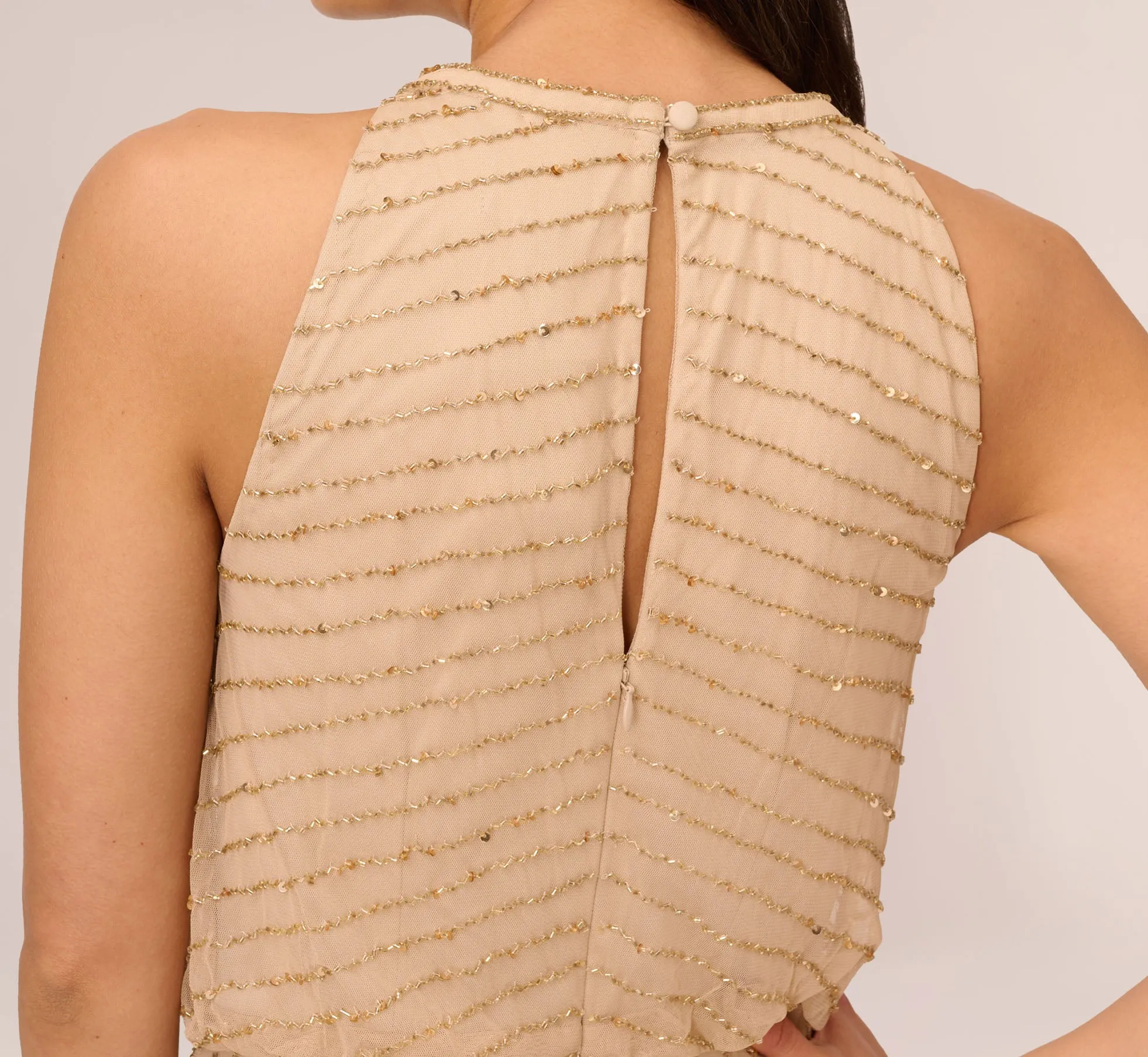 Art Deco Beaded Blouson Dress With Halter Neckline In Champagne Gold sold by Adrianna Papell product image thumbnail 4