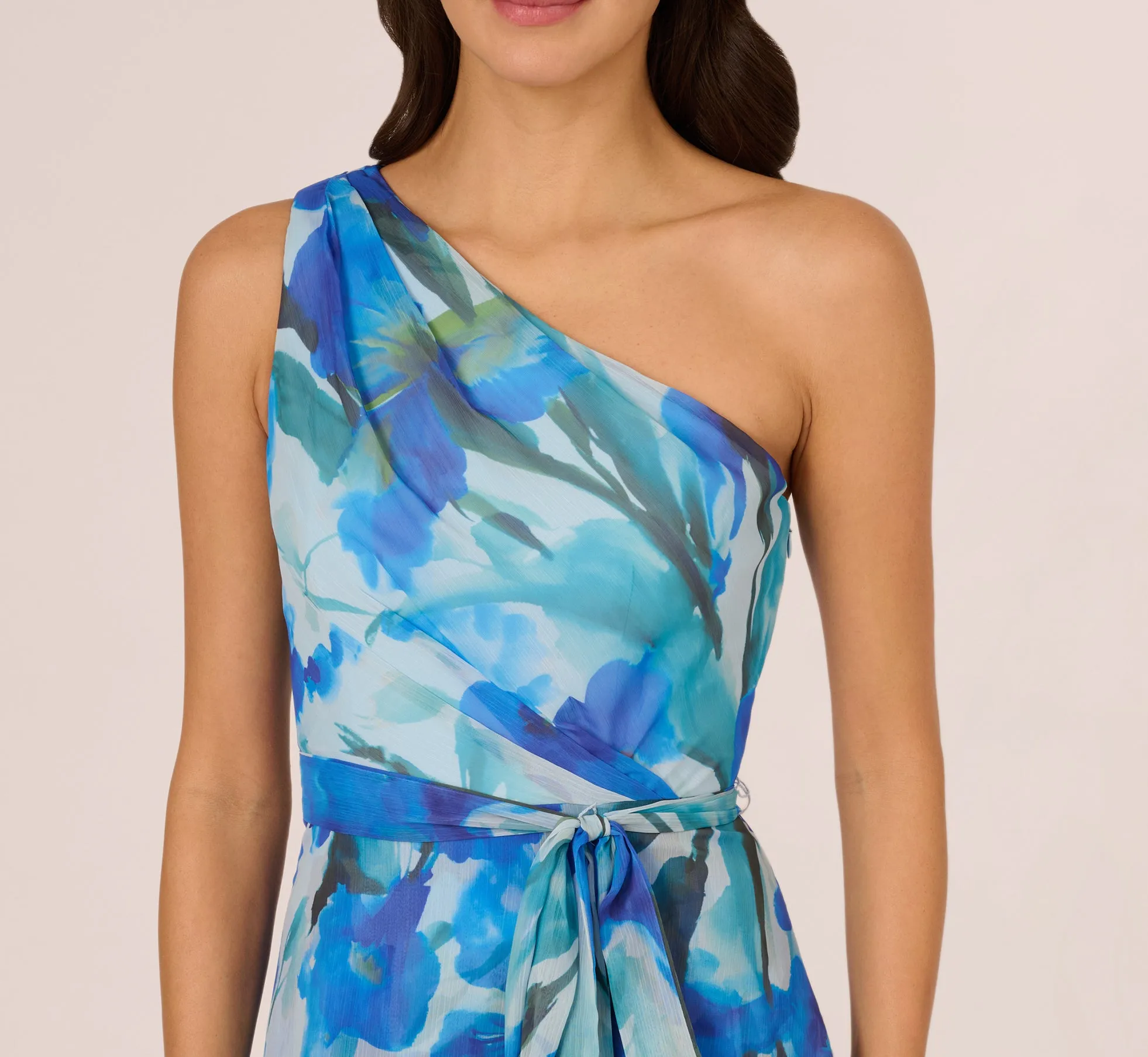 One Shoulder Tiered Floral Chiffon Gown In Blue Multi sold by Adrianna Papell product image thumbnail 4