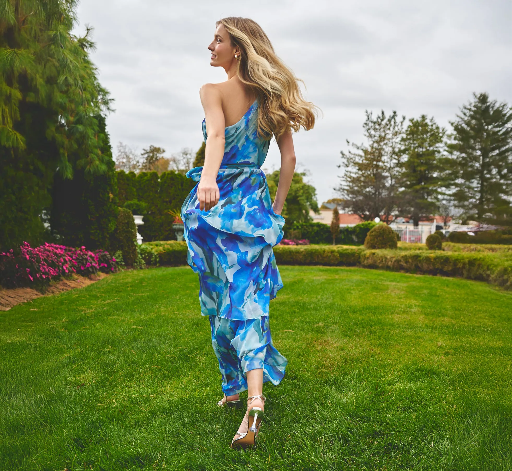 One Shoulder Tiered Floral Chiffon Gown In Blue Multi sold by Adrianna Papell