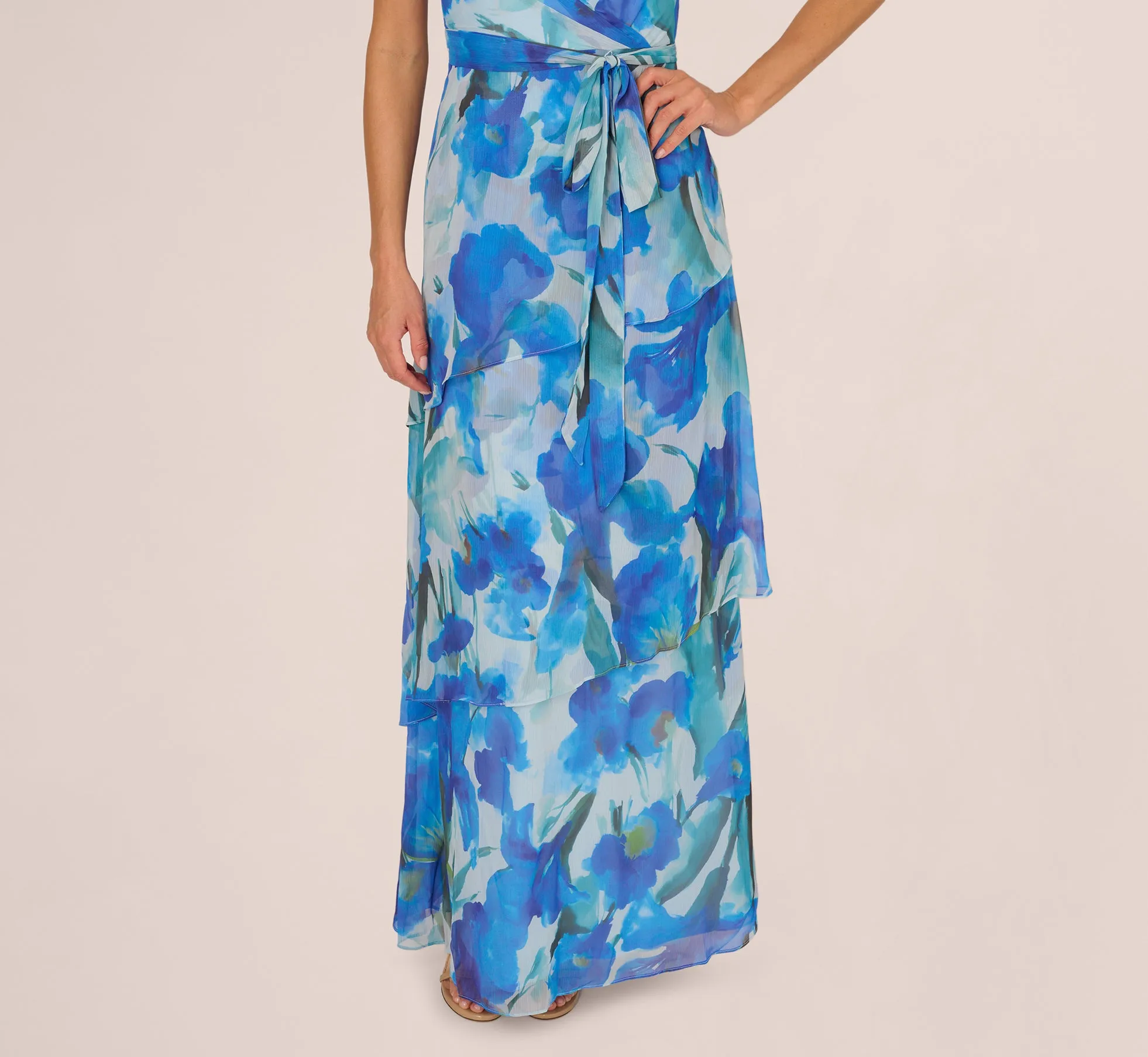 One Shoulder Tiered Floral Chiffon Gown In Blue Multi sold by Adrianna Papell product image thumbnail 5