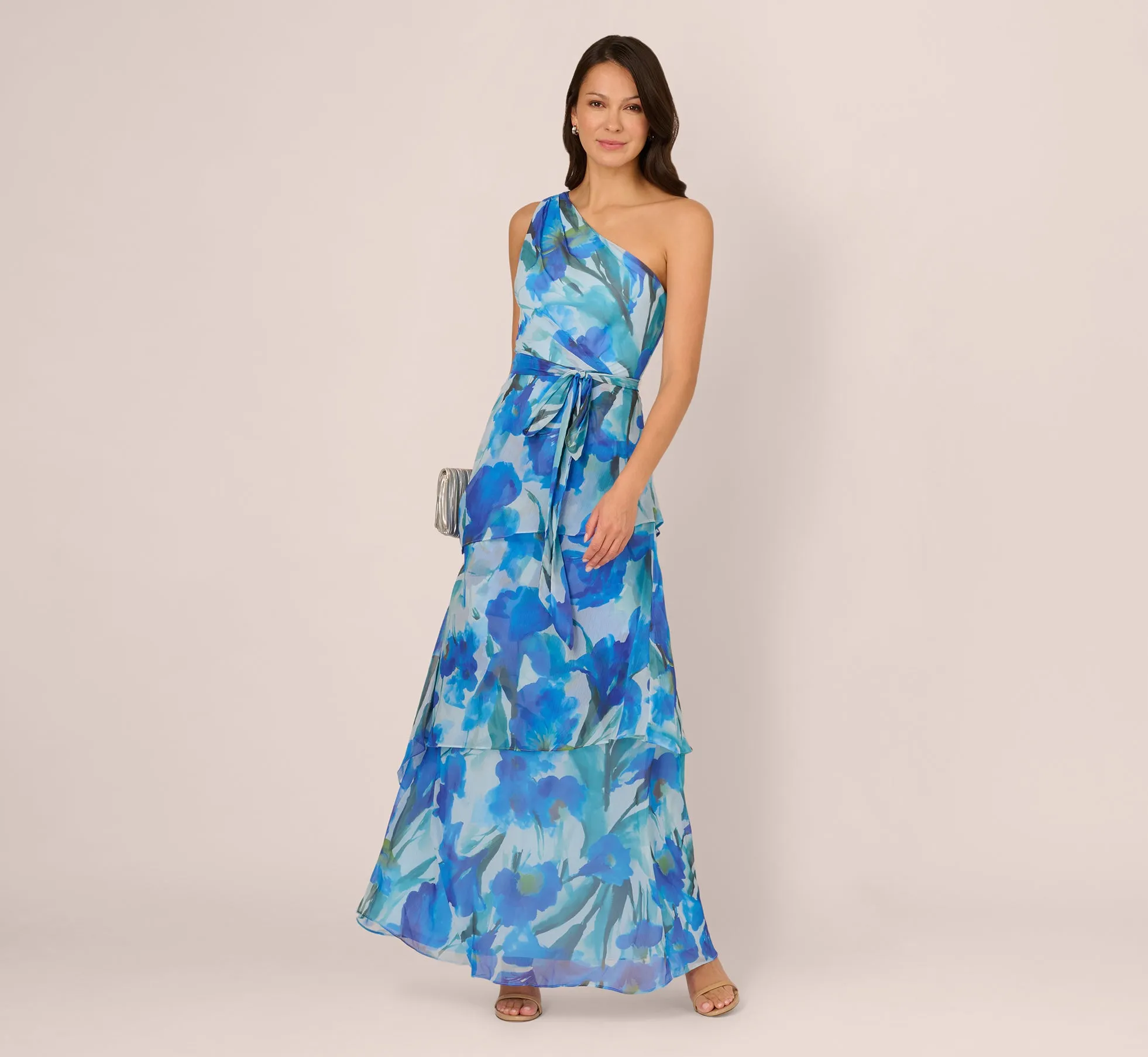 One Shoulder Tiered Floral Chiffon Gown In Blue Multi sold by Adrianna Papell product image thumbnail 2
