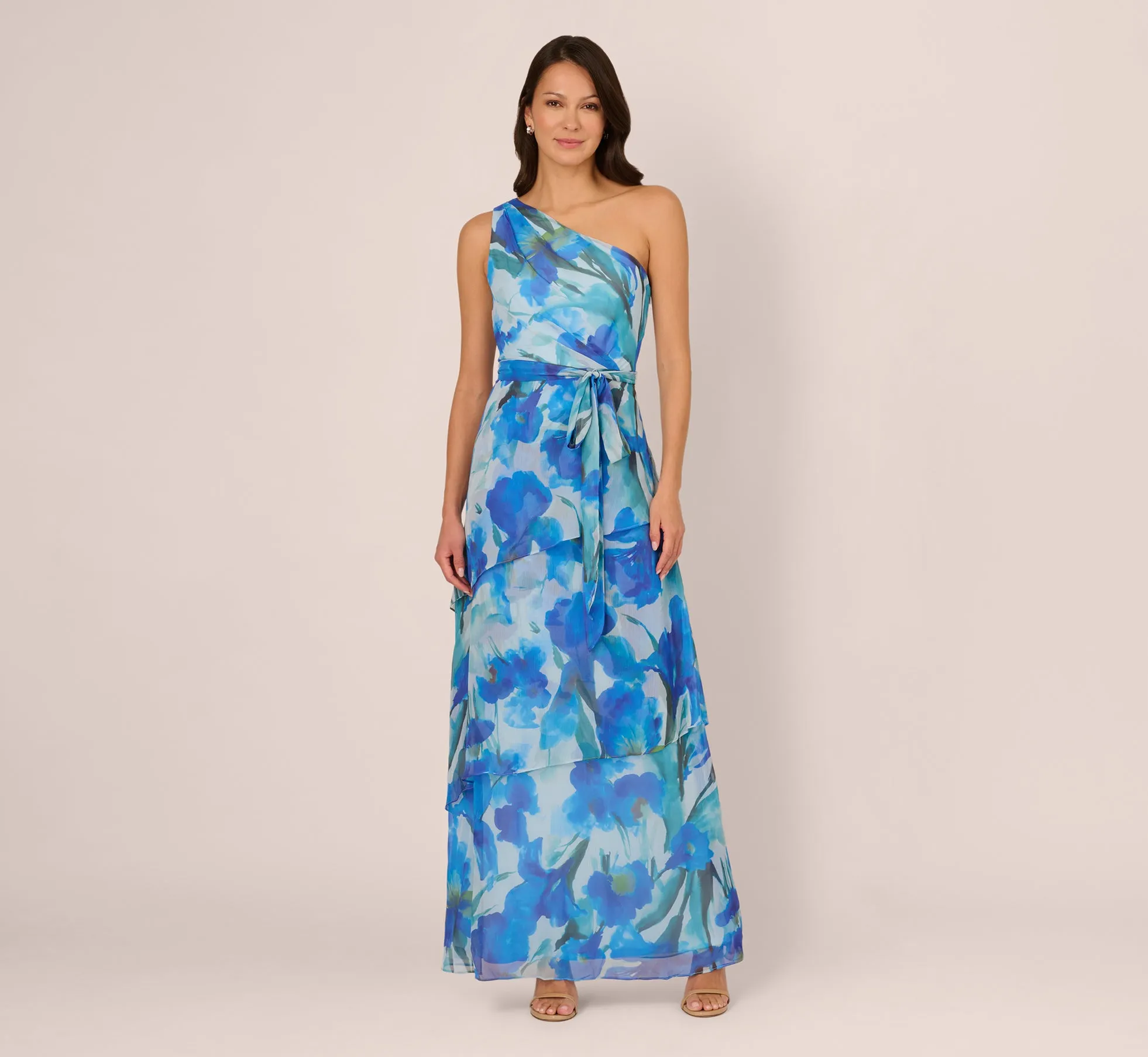 One Shoulder Tiered Floral Chiffon Gown In Blue Multi sold by Adrianna Papell product image thumbnail 3