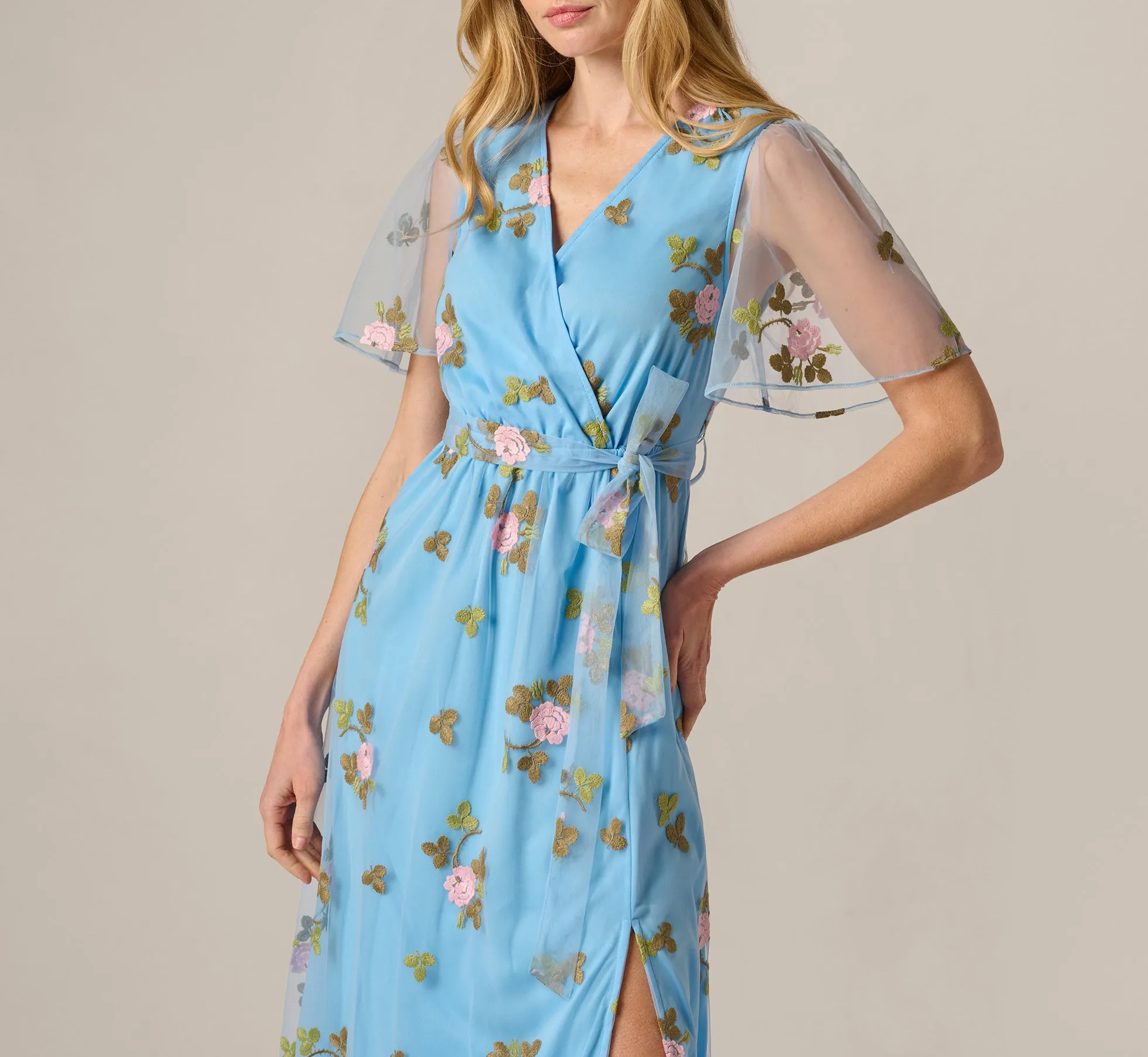 Floral Embroidered Maxi Dress With Sheer Flutter Sleeves In Light Blue Multi sold by Adrianna Papell product image thumbnail 3