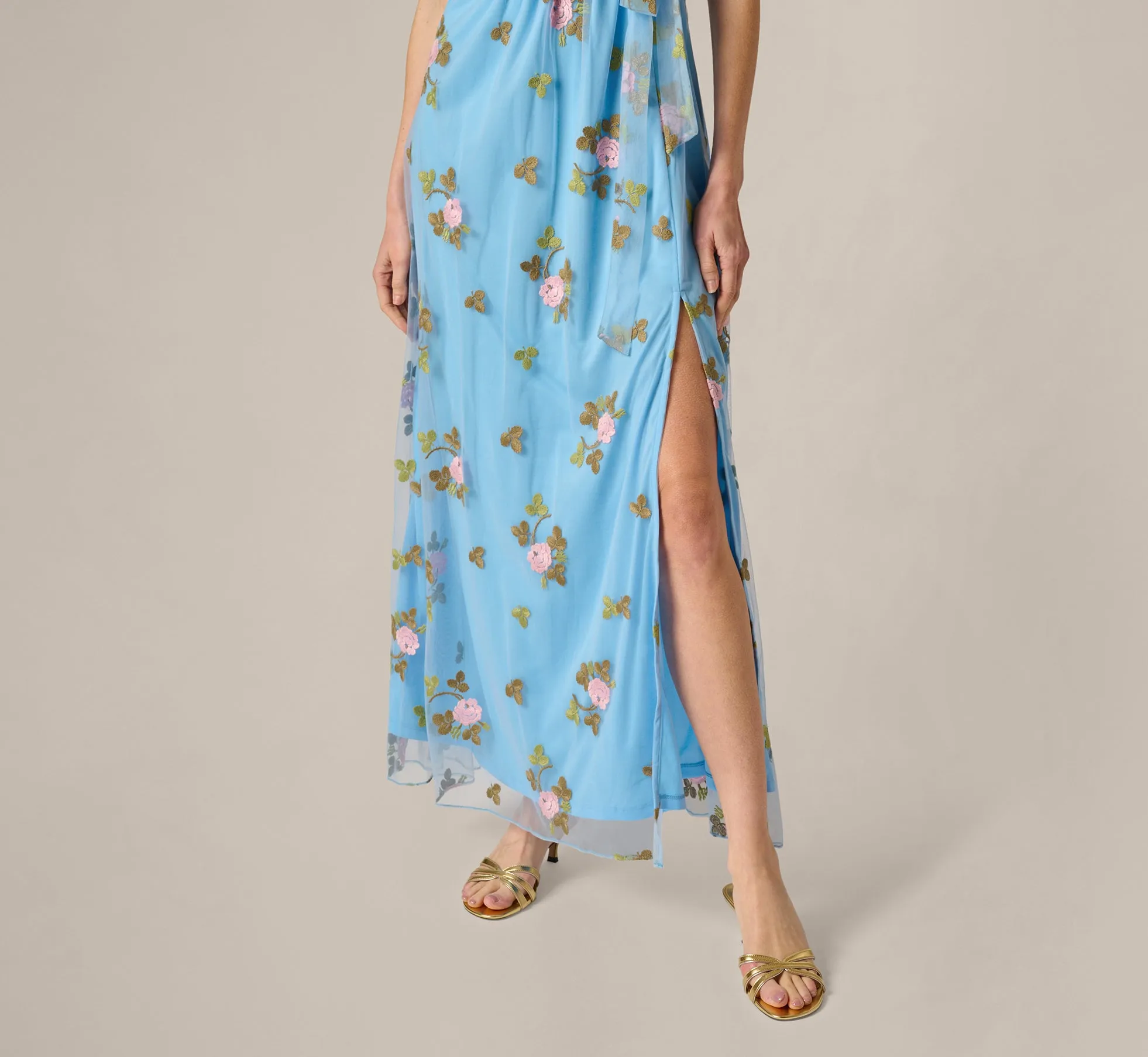 Floral Embroidered Maxi Dress With Sheer Flutter Sleeves In Light Blue Multi sold by Adrianna Papell product image thumbnail 4