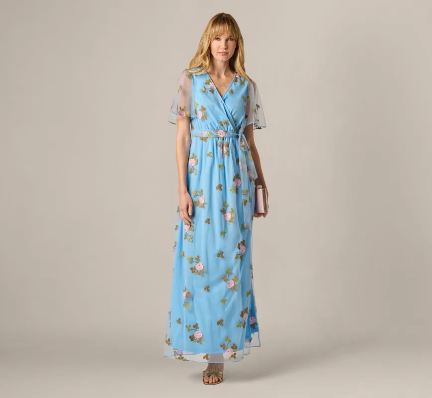 Floral Embroidered Maxi Dress With Sheer Flutter Sleeves In Light Blue Multi sold by Adrianna Papell