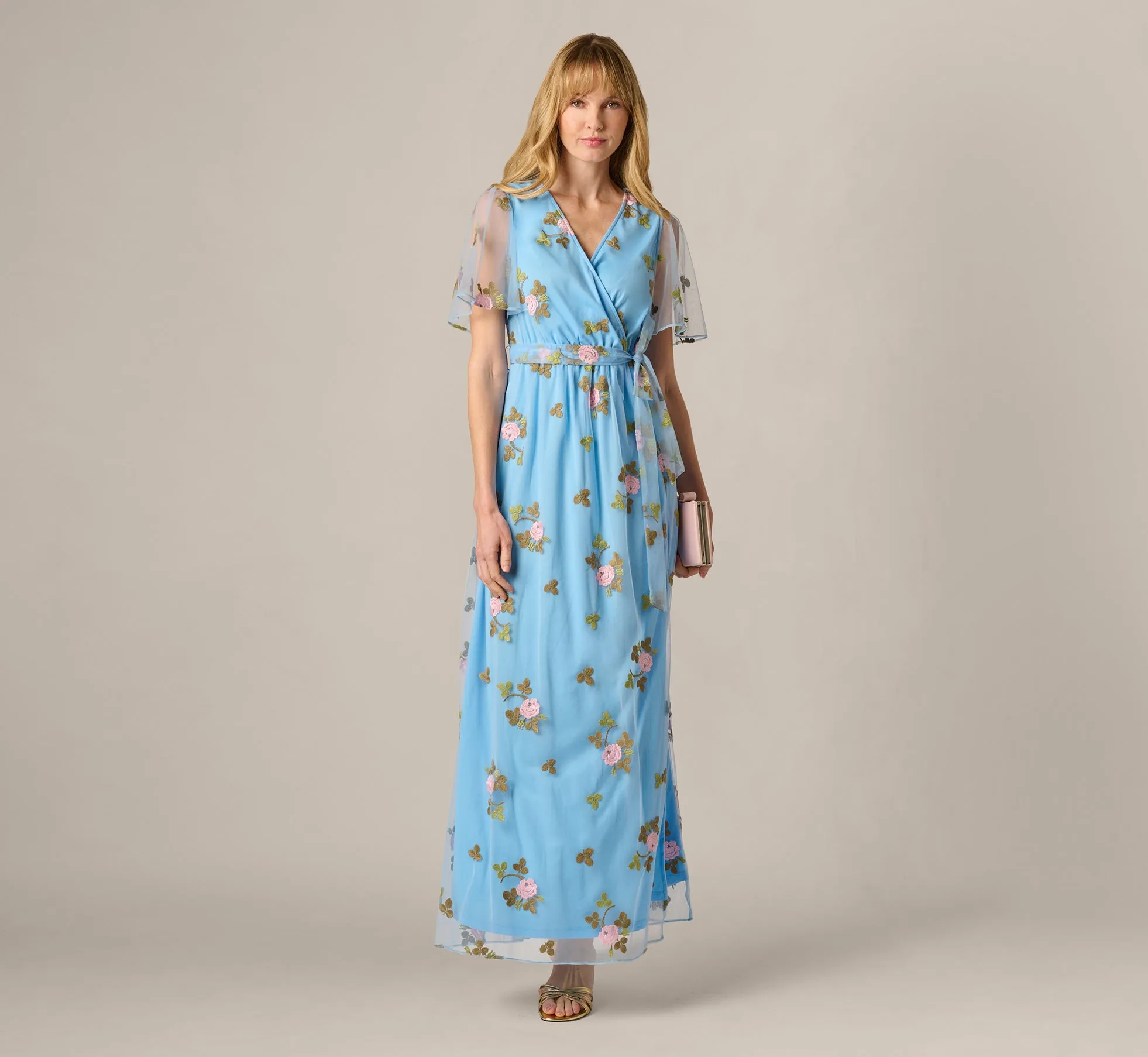 Floral Embroidered Maxi Dress With Sheer Flutter Sleeves In Light Blue Multi sold by Adrianna Papell