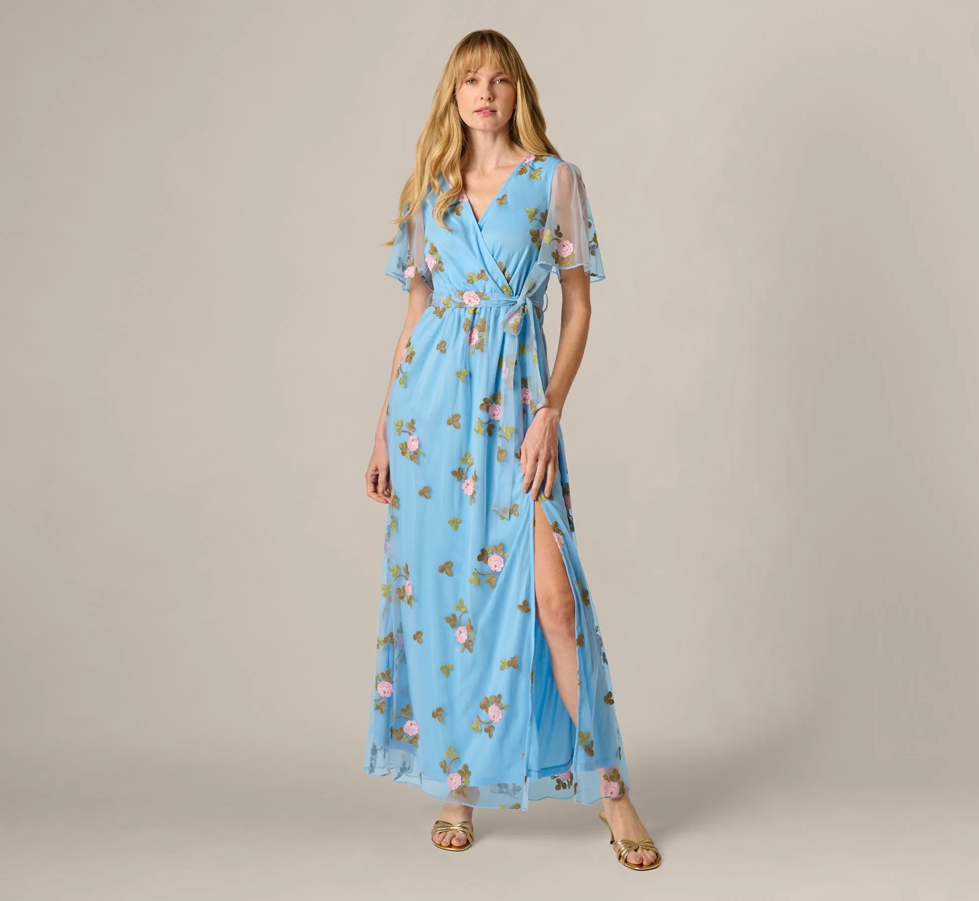 Floral Embroidered Maxi Dress With Sheer Flutter Sleeves In Light Blue Multi sold by Adrianna Papell product image thumbnail 2