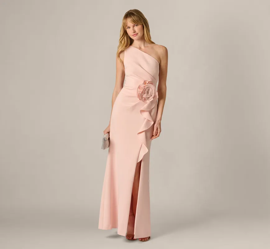 One Shoulder Stretch Rosette Gown In Blush Whisper sold by Adrianna Papell