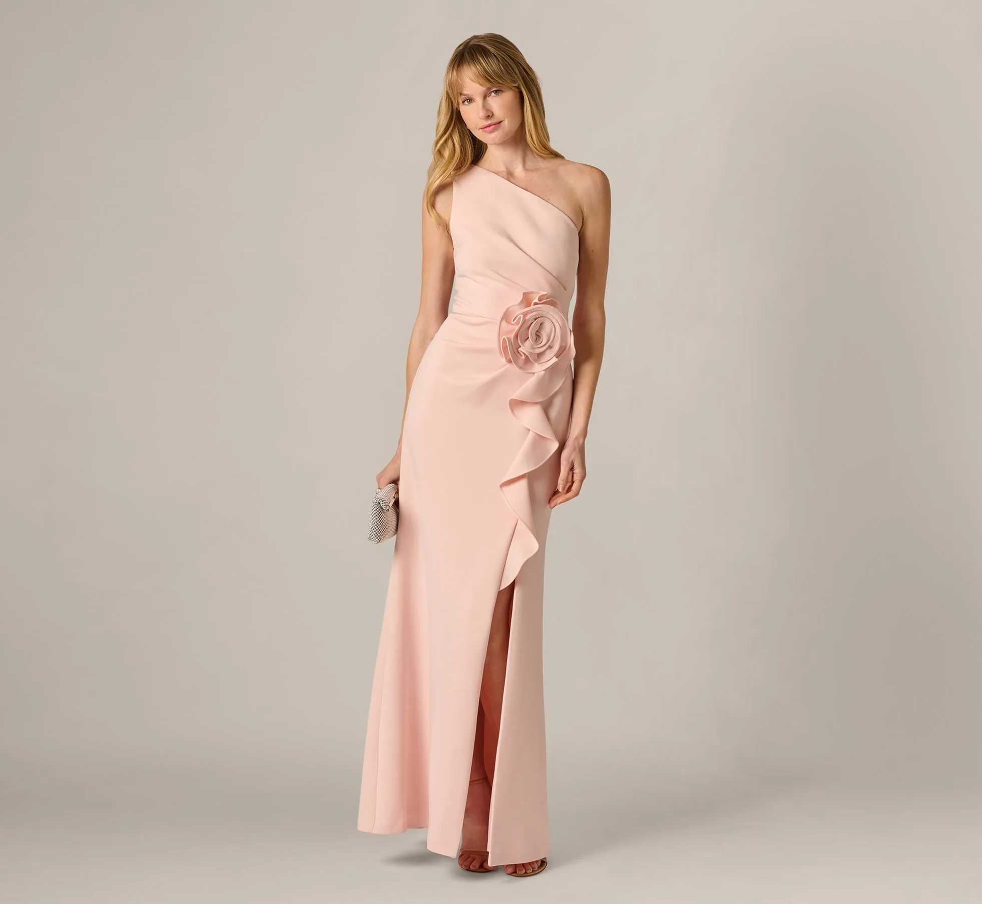 One Shoulder Stretch Rosette Gown In Blush Whisper sold by Adrianna Papell