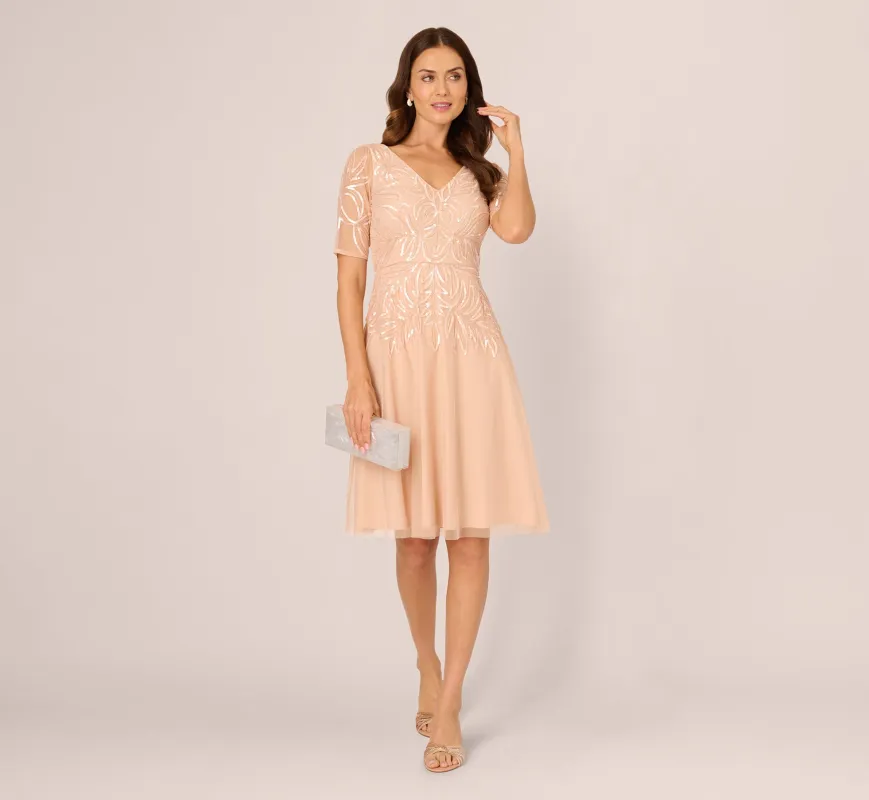 Short Sleeve Sequin Bead Midi Dress In Blush sold by Adrianna Papell