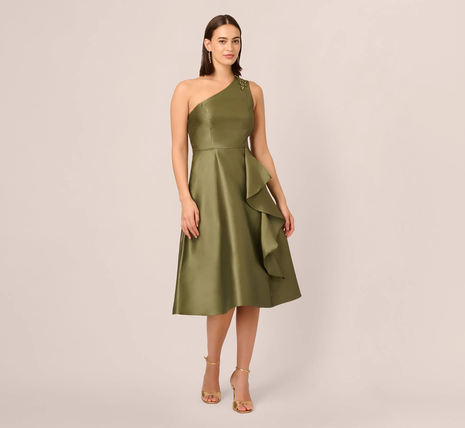 One Shoulder Beaded Detail Mikado Midi Dress In Jungle Olive sold by Adrianna Papell product image thumbnail 2