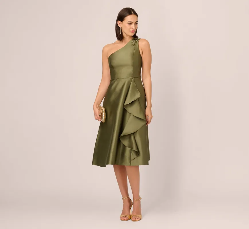 One Shoulder Beaded Detail Mikado Midi Dress In Jungle Olive sold by Adrianna Papell