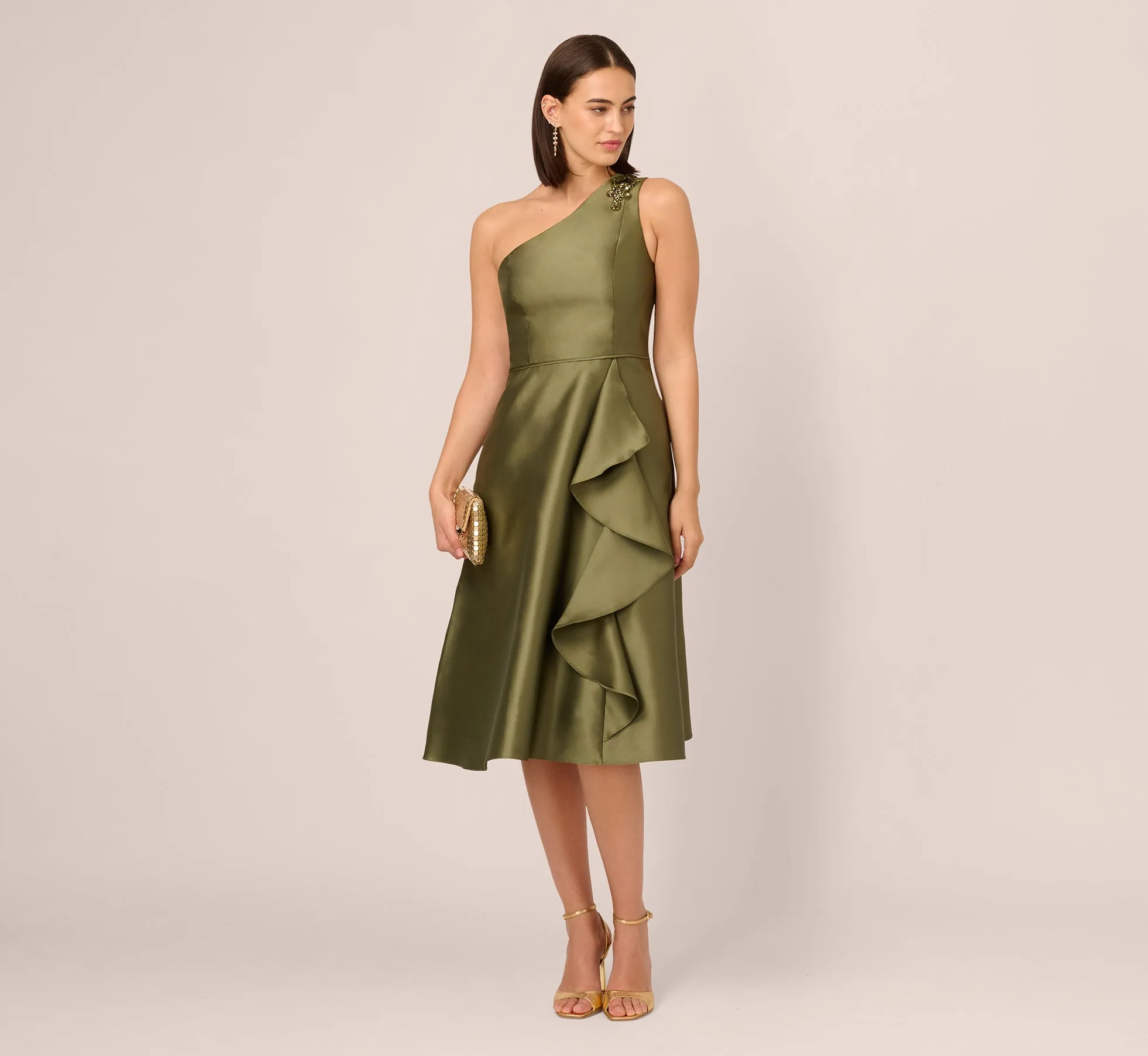 One Shoulder Beaded Detail Mikado Midi Dress In Jungle Olive sold by Adrianna Papell