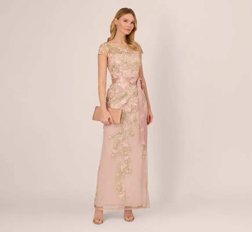 Short Sleeve Floral Embroidered Gown With Ribbon Tie Waist In Blush Nude Multi sold by Adrianna Papell
