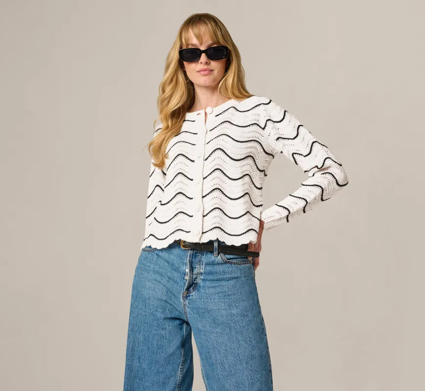 Open Pointelle Scalloped Cardigan Sweater In Glacier Black made by Adrianna Papell