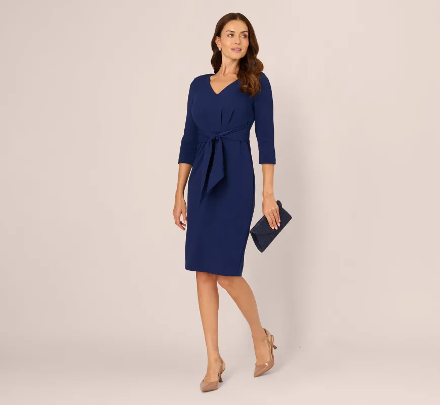 Three Quarter Sleeve Pleated Midi Dress With Tie Waist In Navy Sateen sold by Adrianna Papell