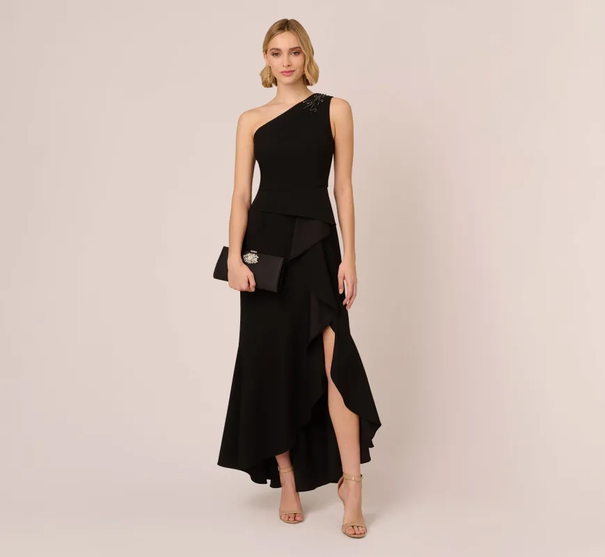 One Shoulder Ruffled Crepe Gown With Beaded Accent In Black made by Adrianna Papell