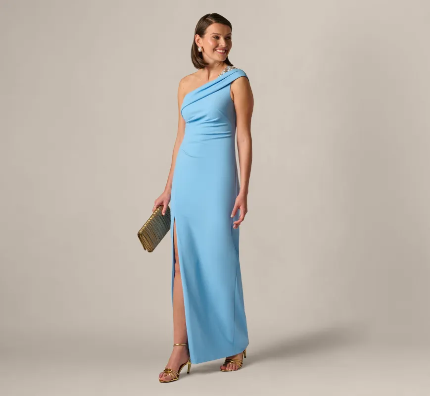 Beaded One Shoulder Stretch Column Gown In Waterfall sold by Adrianna Papell