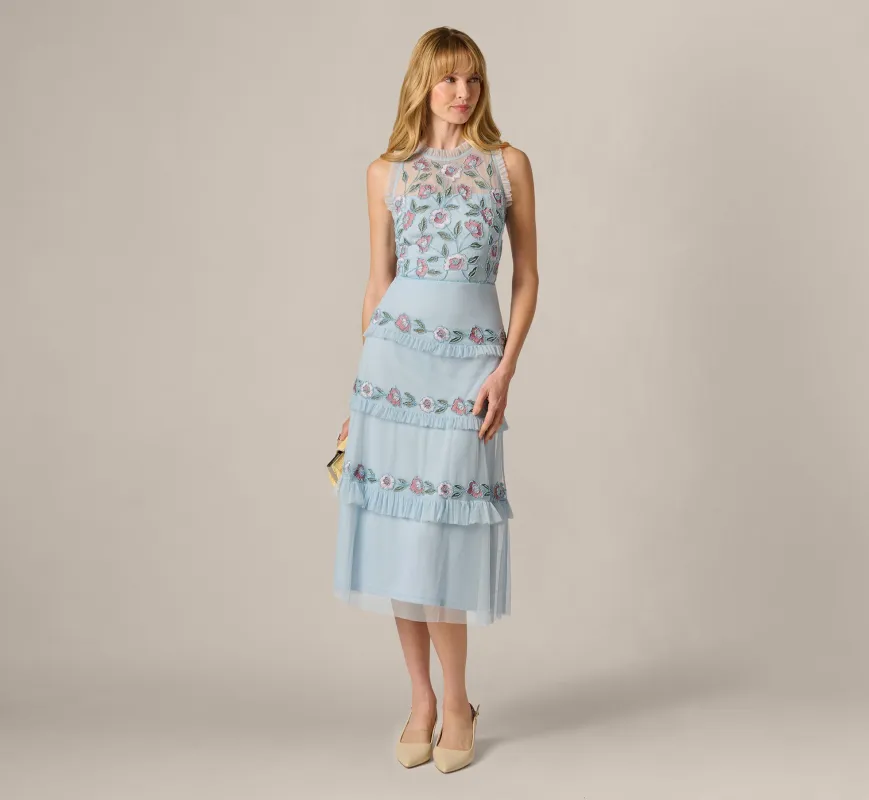 Sleeveless Floral Beaded Embroidery Ruffle Midi Dress In Elegant Sky Multi sold by Adrianna Papell