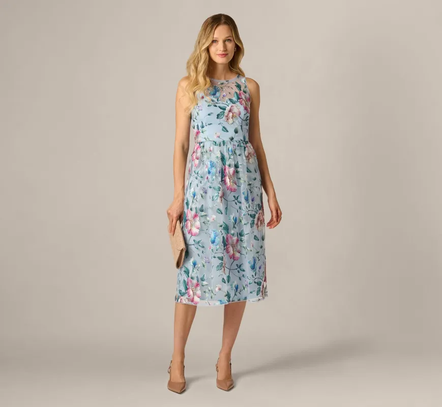 Sequin Beaded Floral Embroidery Illusion Midi Dress In Blue Multi sold by Adrianna Papell