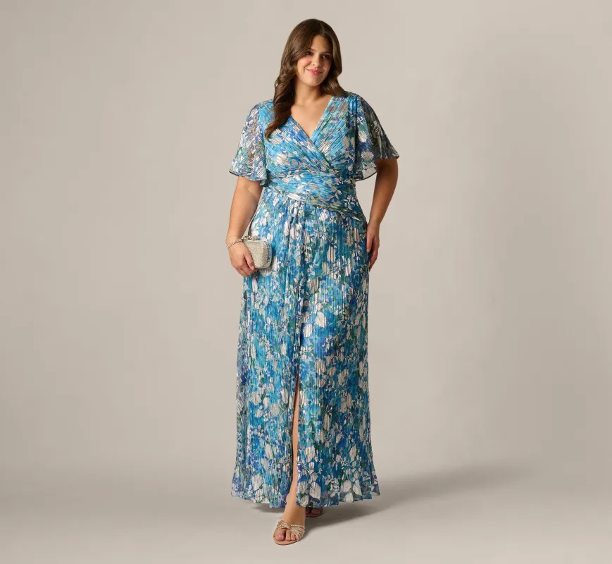 Plus Size Flutter Sleeve Crinkle Foil Floral Gown In Blue Multi sold by Adrianna Papell