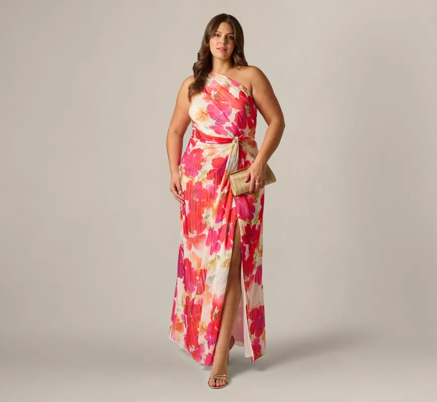 Plus Size One Shoulder Watercolor Floral Stripe Gown In Ivory Pink Multi sold by Adrianna Papell