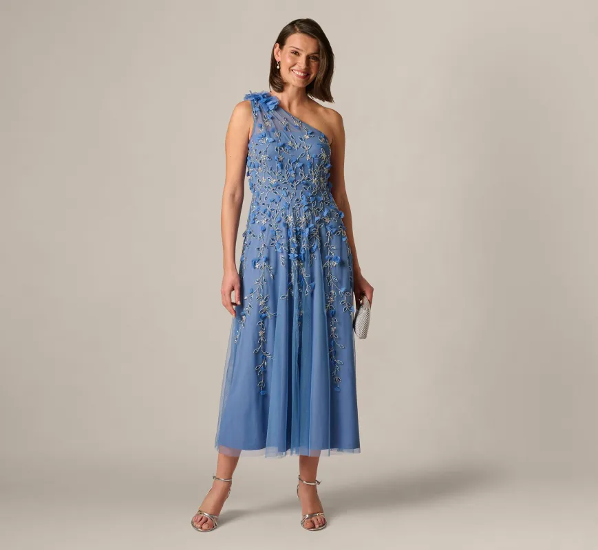 One Shoulder 3D Floral Beaded Ankle Dress In French Blue sold by Adrianna Papell