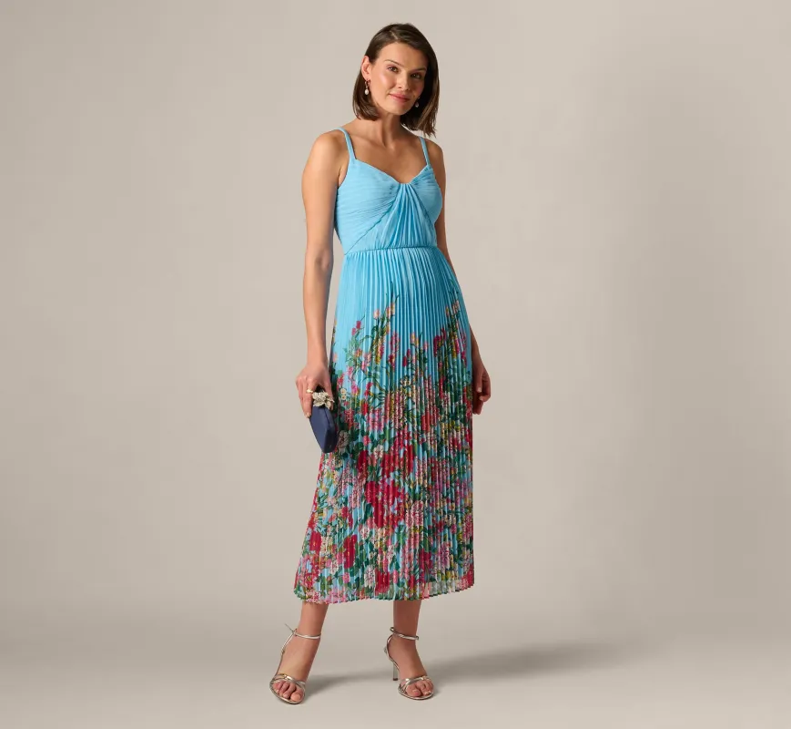 Pleated Wildflower Border Midi Dress In Light Blue Multi sold by Adrianna Papell
