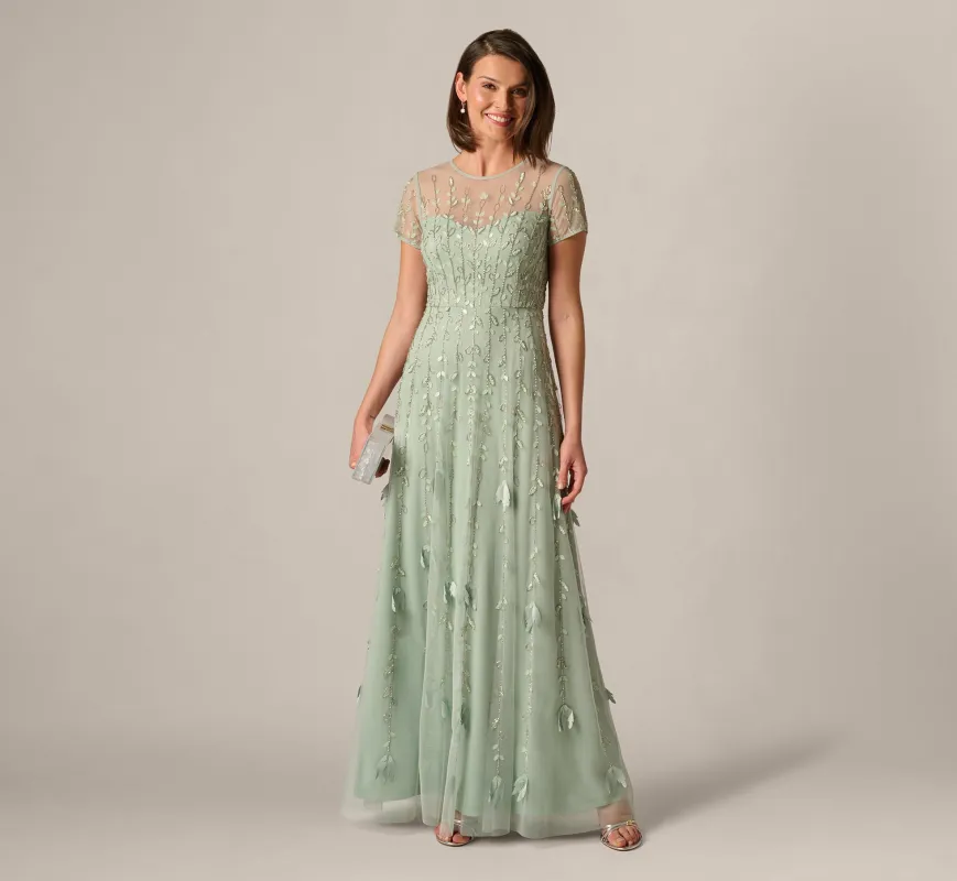Short Sleeve 3D Beaded Vine Gown In Icy Sage sold by Adrianna Papell