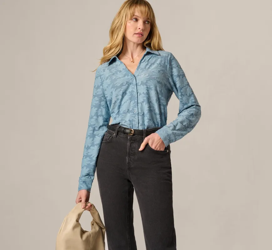 Long Sleeve Semisheer Burnout Floral Blouse In Stone Blue sold by Adrianna Papell