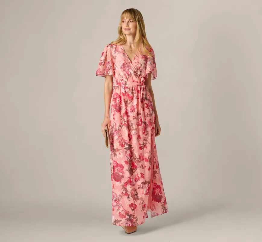 Flutter Sleeve Floral Print Embroidered Wrap Maxi Dress In Blush Multi sold by Adrianna Papell