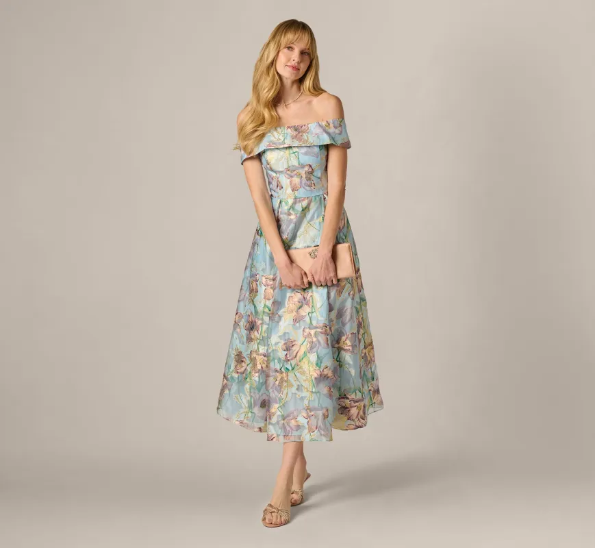 Off Shoulder Watercolor Floral Jacquard Ankle Dress In Blue Multi sold by Adrianna Papell