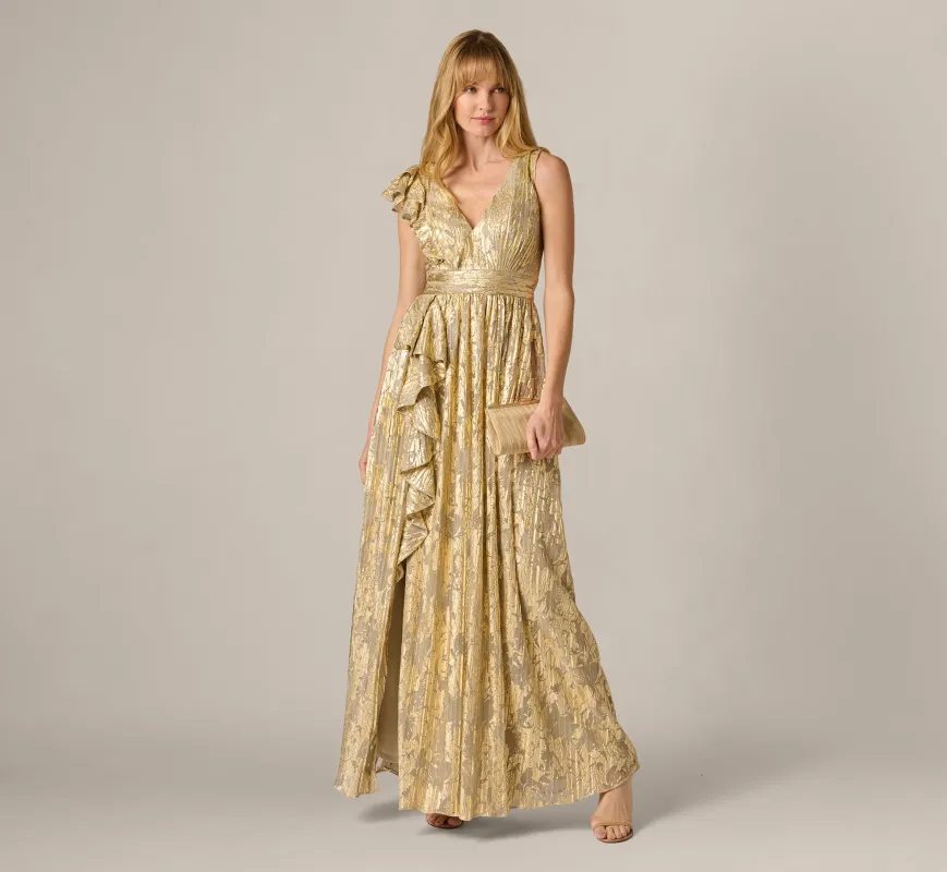 Sleeveless Metallic Crinkle Ruffle Gown In Champagne Gold sold by Adrianna Papell