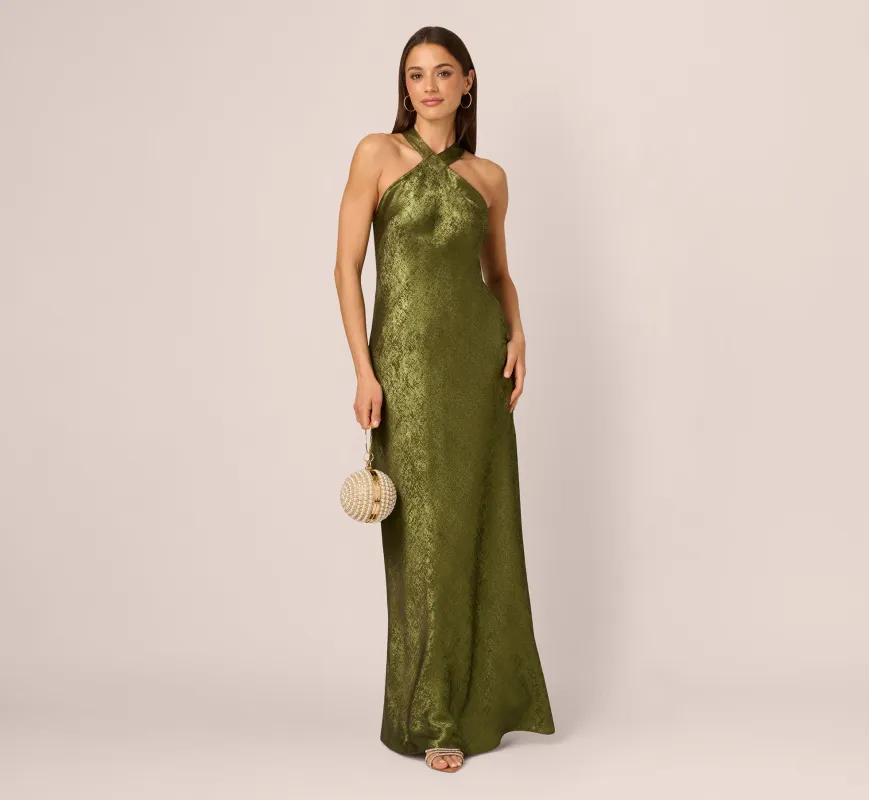 Foiled Mermaid Gown With Halter Neckline In Dark Olive sold by Adrianna Papell