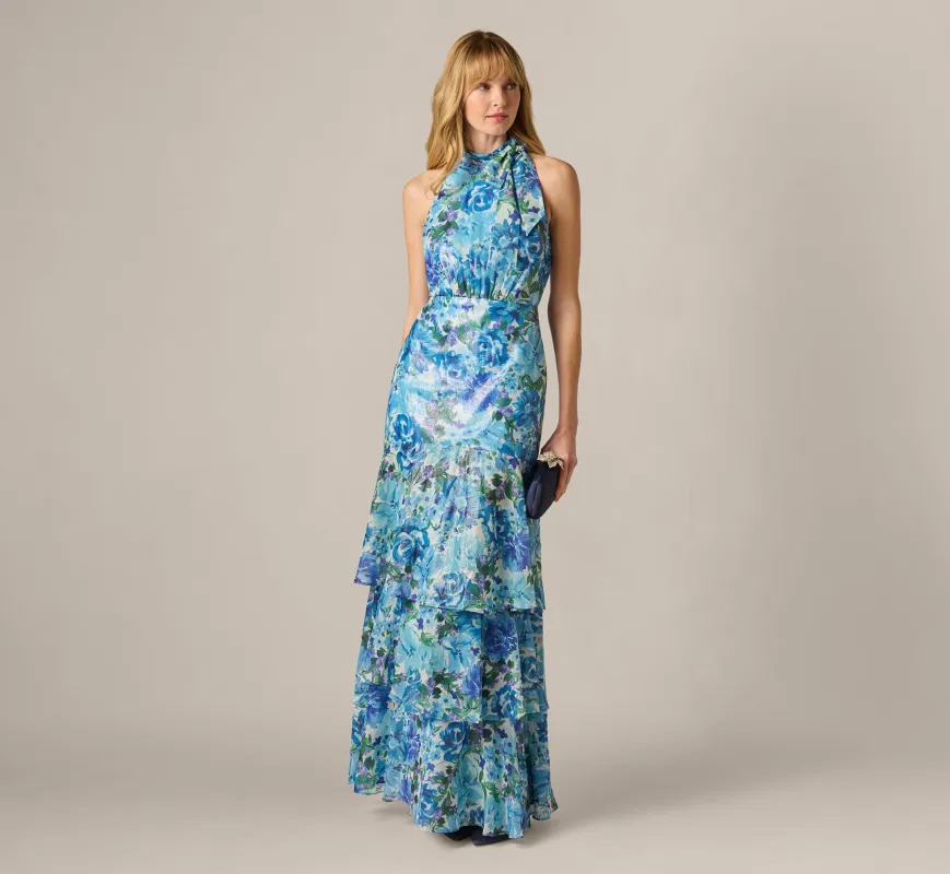 Tiered Metallic Floral Chiffon Halter Gown In Blue Multi sold by Adrianna Papell